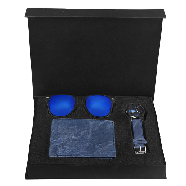 Buy LORENZ CM-2014MR-WL-05 Combo of Men's Balck Dial Analogue Watch, Blue Denim Wallet and Mercury Sunglasses on EMI