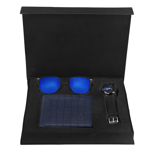 Buy LORENZ CM-1014MR-WL-06 Combo of Men's Black Dial Analogue Watch, Blue Wallet and Mercury Sunglasses on EMI