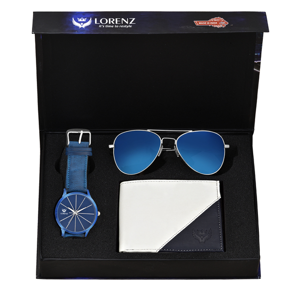 Buy Lorenz Combo of Men's Blue Dial Watch, White Wallet & Blue Reflector Sunglasses | CM-3022SN7-WL-36 on EMI