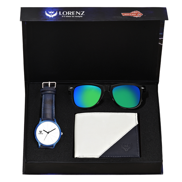 Buy Lorenz Combo of Men's White Dial Watch, White Wallet & Blue Mercury Sunglasses | CM-3023SN2-WL-36 on EMI