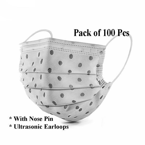 Buy BLAQUE 3 ply Mask, Anti Viral, Pollution Surgical Disposable mask with Nose Pin - Pack of 100 Masks (Polka Dot Print) on EMI