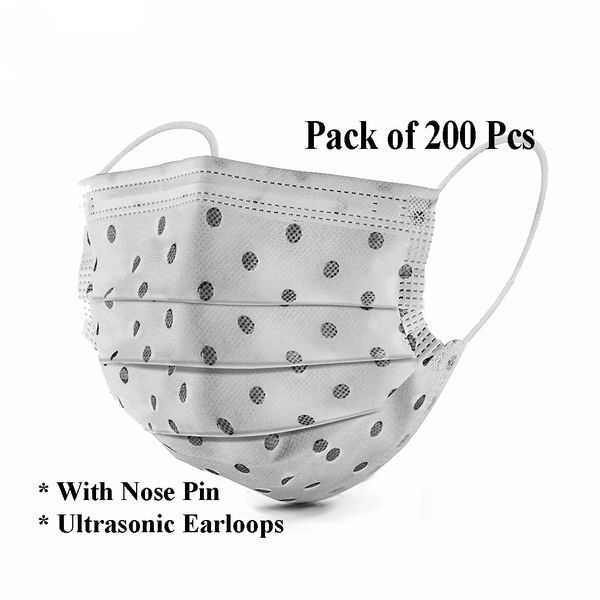 Buy BLAQUE 3 ply Mask, Anti Viral, Pollution Surgical Disposable mask with Nose Pin - Pack of 200 Masks (Polka Dot Print) on EMI