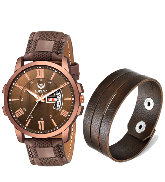 Buy Lorenz Brown Dial Day & Date Watch & Leather bracelet for Men\Boys | 2070-BR2 on EMI