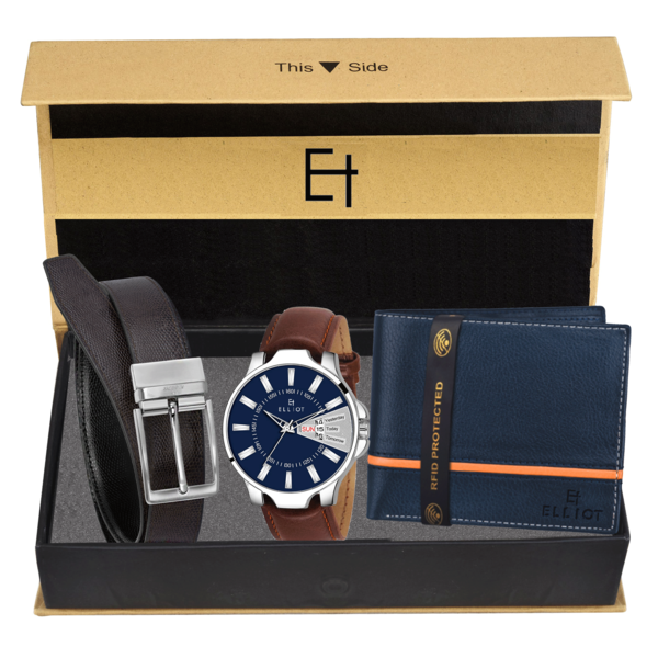 Buy Elliot Combo Set of Analogue Day& Date Feature Watch,Wallet and Belt for Men on EMI