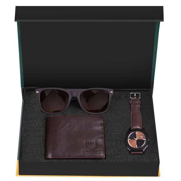 Buy Lorenz Gift Combo Set of Dark Brown Analog Watch, Brown Sunglasses & Hi-Quality PU Wallet for Men | CM-407SN13-WL-62 on EMI