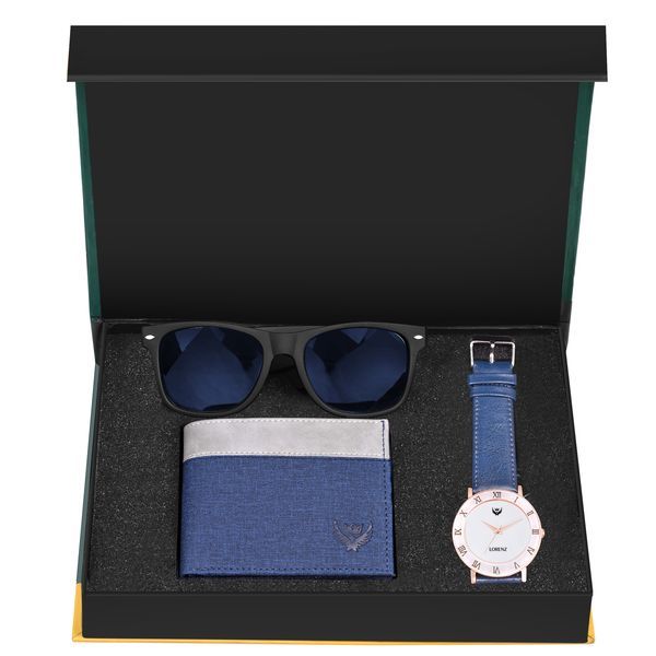 Buy Lorenz Gift Combo Set of Blue Analog Watch, Sunglasses & Hi-Quality Febric Feel PU Wallet for Men | CM-3091SN15-WL-54 on EMI
