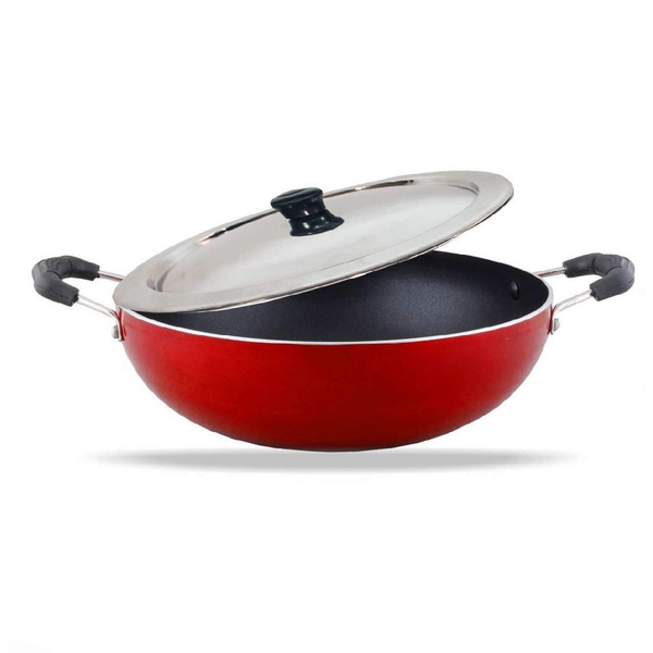 Buy Navrang Nonstick Kadai 22 cm with lid (Stainless Steel, NO- Induction Base) (Red) on EMI