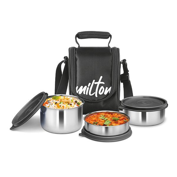 Buy Milton Tasty 3 Stainless Steel Lunch Box, Black on EMI