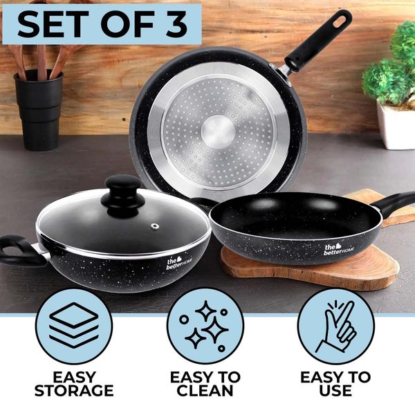 Buy The Better Home Non Stick Induction Cookware Set |Induction Utensils for Cooking |Non Frying Pan (24cm), Dosa Tawa (28cm), Kadai (24cm) |3 Piece Granite (Black) on EMI