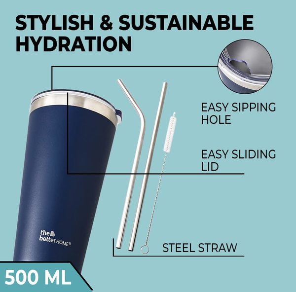 Buy The Better Home Insulated Tumbler with Straw & Lid 450ml | Double Wall Stainless Steel Water, Coffee Hot and Cold Flask Durable Travel Mug (Blue) on EMI