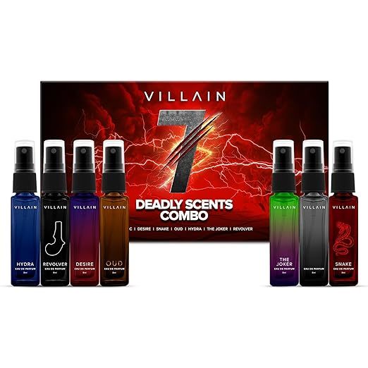 Buy Villain seven Deadly Scents Trial Pack of 7 x 8 ml | Pocket Perfume for Men Premium Long Lasting Perfumes Eau De Parfum Spicy, Woody, Aquatic, Oud on EMI